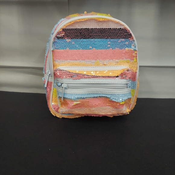 Claire’s Club Girls Pink Orange Yellow Revers Sequin Striped Mini Backpack - Picture 7 of 9